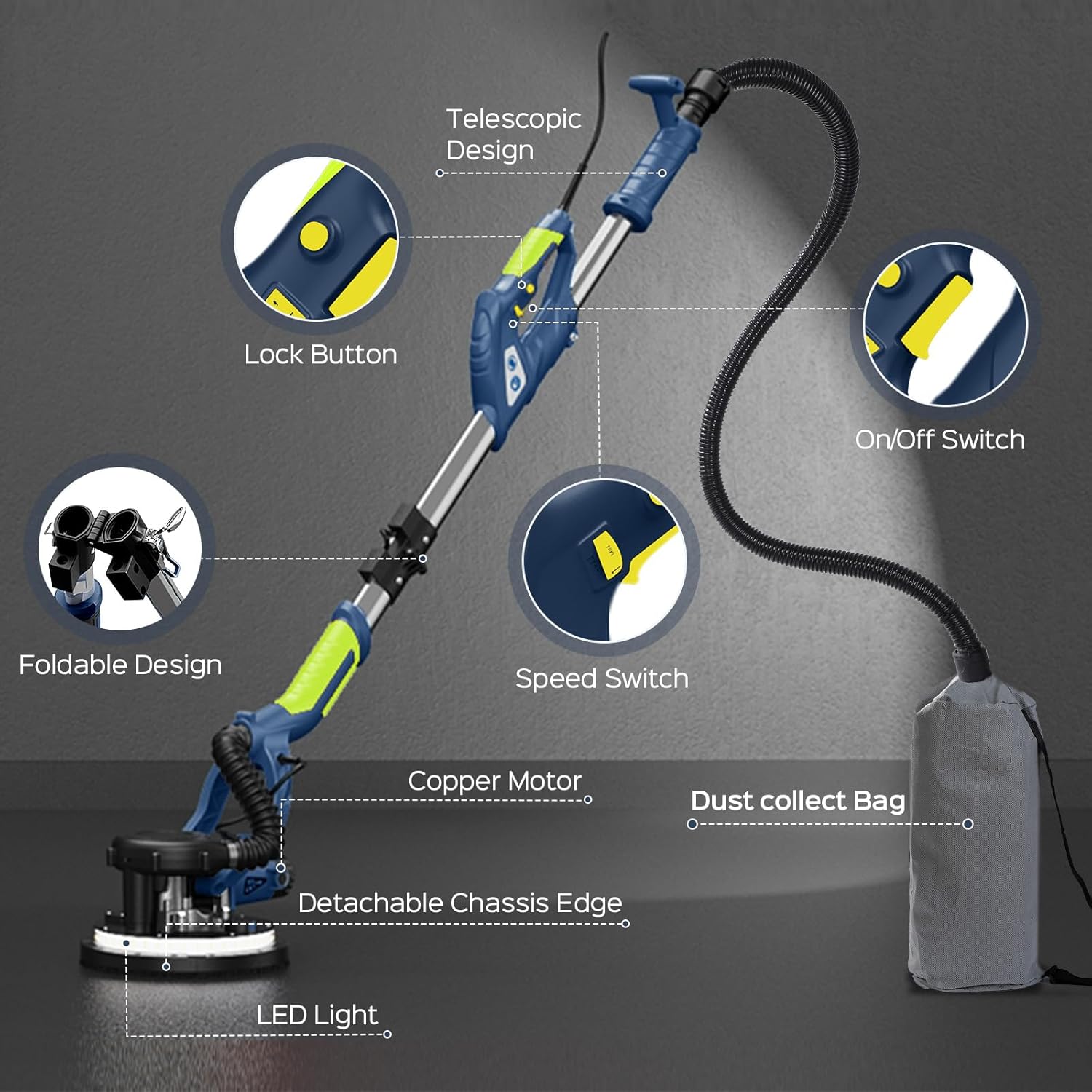 Drywall Sander, 2026 Upgraded 8-Amp Popcorn Ceiling Removal Tool with 7 Variable Speed 800-1800RPM, Drywall Sander with Vacuum Dust Collector with LED Light, Extendable Handle,12pcs Sanding Discs,Blue
