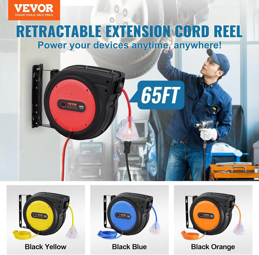 VEVOR Retractable Extension Cord Reel, 65 FT, Heavy Duty 12AWG/3C SJTOW Retractable Power Cord with Lighted Triple Tap Outlet, 15 Amp Circuit Breaker 180° Swivel Bracket for Ceiling or Wall Mount
