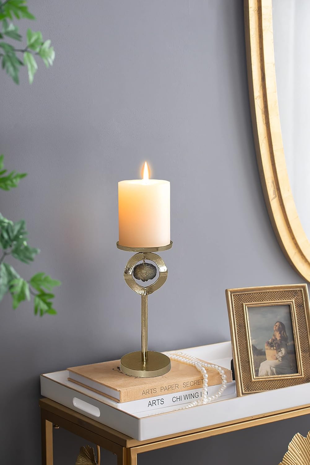 A&B Home Cut Stone Candle Holder Set - Set of 2 Aluminum Candle Holder with Stone, Decorative Tabletop Lighting, Living Room Coffee Table Accent Piece Dining Table Centerpiece, 9' x 5' x 13'