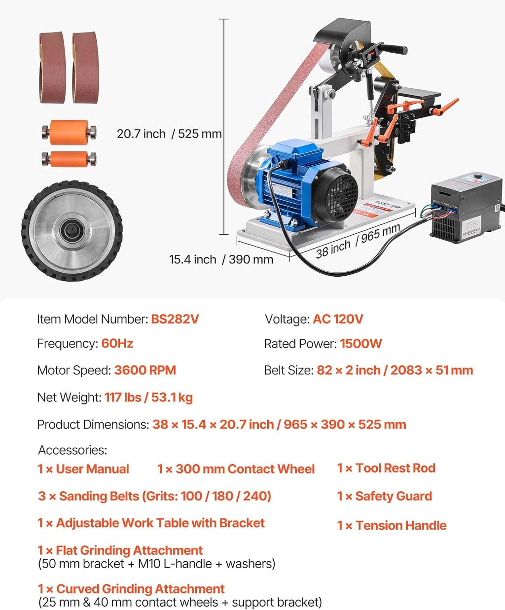 VEVOR 1500W 2HP Belt Sander Grinder, 2' x 82' Variable Speed Belt Grinder for Metalworking, 3-in-1 Belt Sander Polisher with 3 Grinding Moulds & Flat Platen Tool Rest for Knife Making