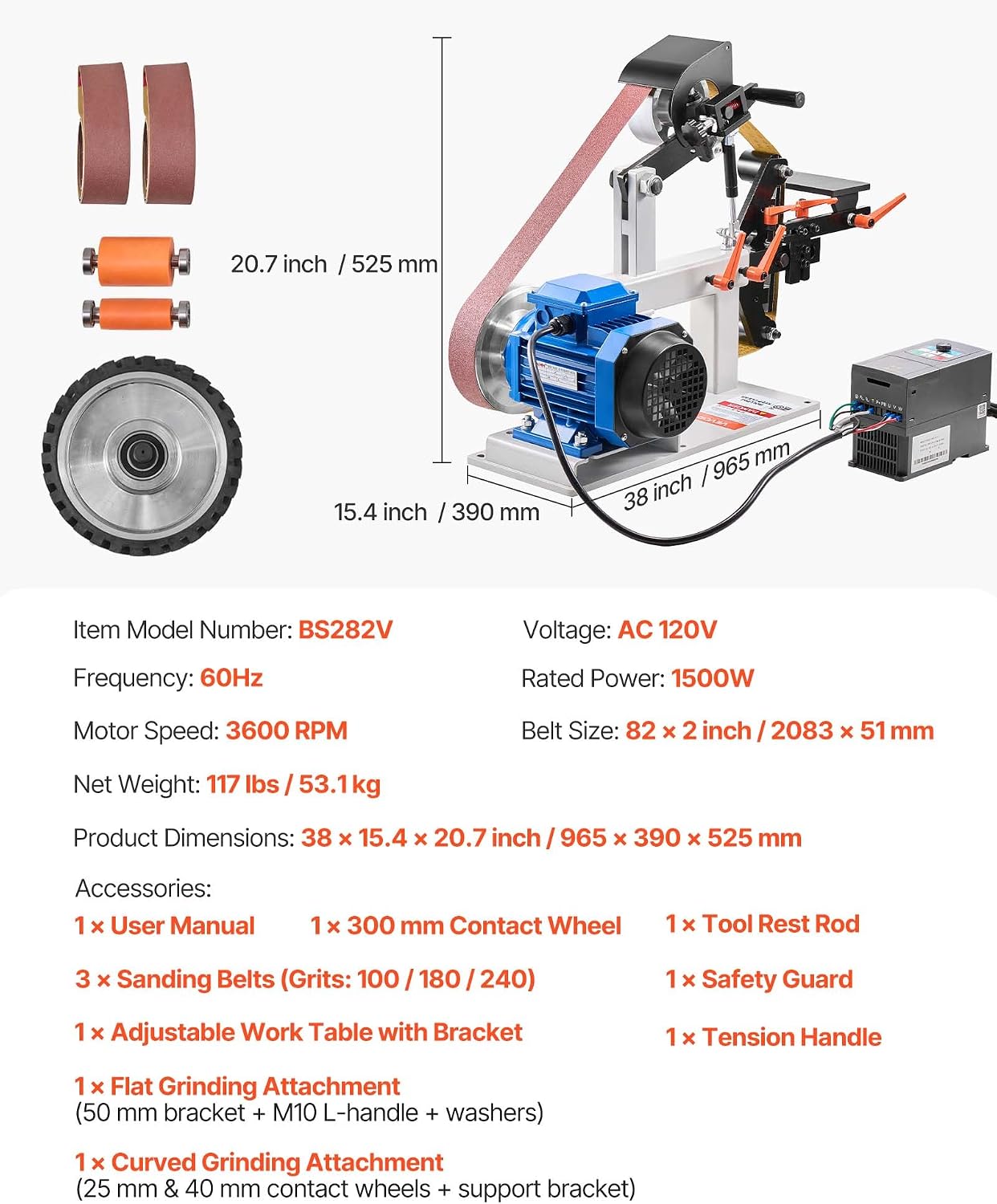VEVOR 1500W 2HP Belt Sander Grinder, 2' x 82' Variable Speed Belt Grinder for Metalworking, 3-in-1 Belt Sander Polisher with 3 Grinding Moulds & Flat Platen Tool Rest for Knife Making