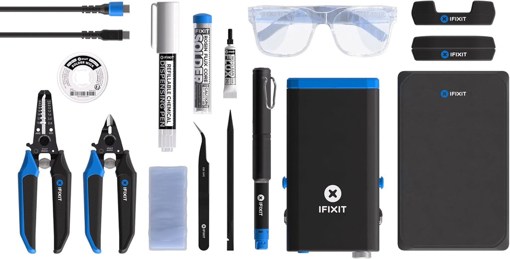 iFixit FixHub Soldering Toolkit - Complete Set, Portable Quick Heat-Up, Wire Strippers, Flush Cutters, Lead-Free Solder, Splint, Work Mat
