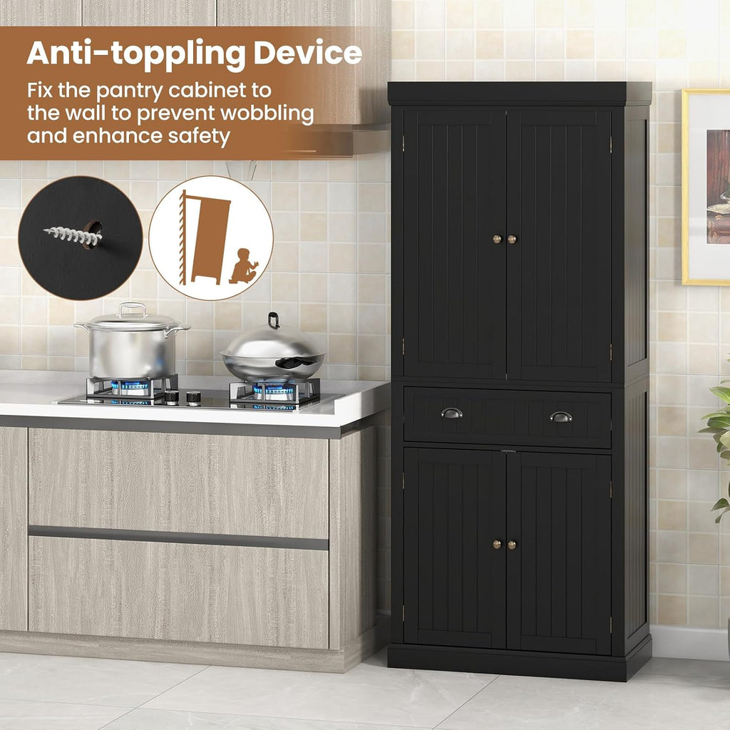 Giantex Pantry Organizers and Storage, 72' Tall Kitchen Cabinet with 2-Door Cabinets & Drawer, Buffet Sideboard w/Adjustable Shelves, Wooden Freestanding Cupboard for Dining Room Living Room (Black)