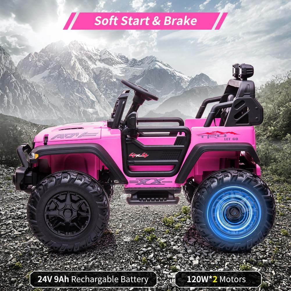 24V 2 Seaters Kids Ride On Truck with Remote Control, 20' Large Seat + 15.5' Large Wheels, Electric Vehicle Car with LED Light, Storage Space, Bottle Holder,Music, Horn,USB for 3-8 Years (Pink)