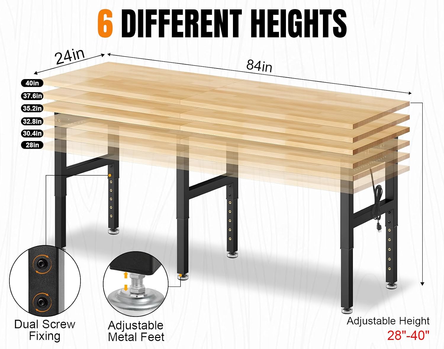 84' Adjustable Height Workbench, 5000 LBS Heavy Duty Table Rubber Wood Workstation with Power Outlet & Pegboard for Garage, Office, Workshop, Home,Commercial