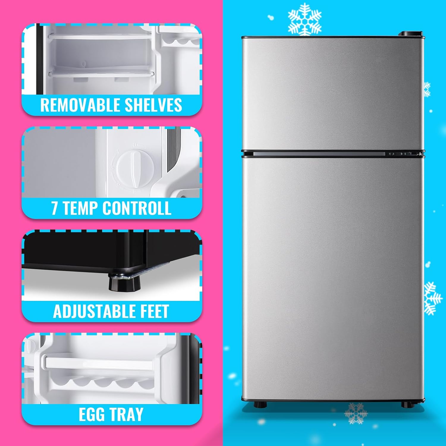 DEMULLER Retro Mini Fridge with Freezer Dual Door Apartment Size Small Refrigerator with Egg Tray, Dorm Mini Fridge with Removable Plastic Shelves, 2.4Cu.ft, 14.96' D x 14.57' W x 30.8' H, Silver