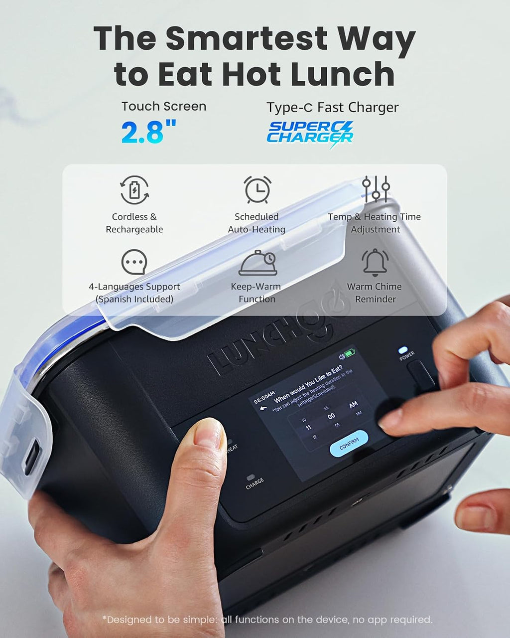 LUNCHGO® G1-Long Range(103 Wh), Smart Electric Heated Lunch Box Food Warmer – Cordless, 5 Cups, Battery Powered, 250°F Max, Scheduled Heating, Perfect for Outdoor Work, On-The-Go Meals (Carbon Black)