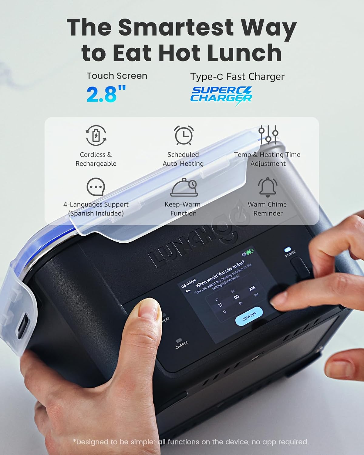 LUNCHGO® G1-Long Range(103 Wh), Smart Electric Heated Lunch Box Food Warmer – Cordless, 5 Cups, Battery Powered, 250°F Max, Scheduled Heating, Perfect for Outdoor Work, On-The-Go Meals (Carbon Black)