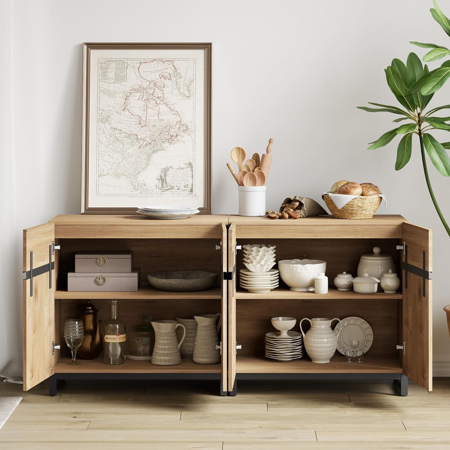 WAMPAT Sideboard Buffet Cabinets, Modern Sideboard with Adjustable Shelf and Metal Base, Coffee Bar Cabinet Storage Cabinet for Living Room, Kitchen, 4Pcs, Oak