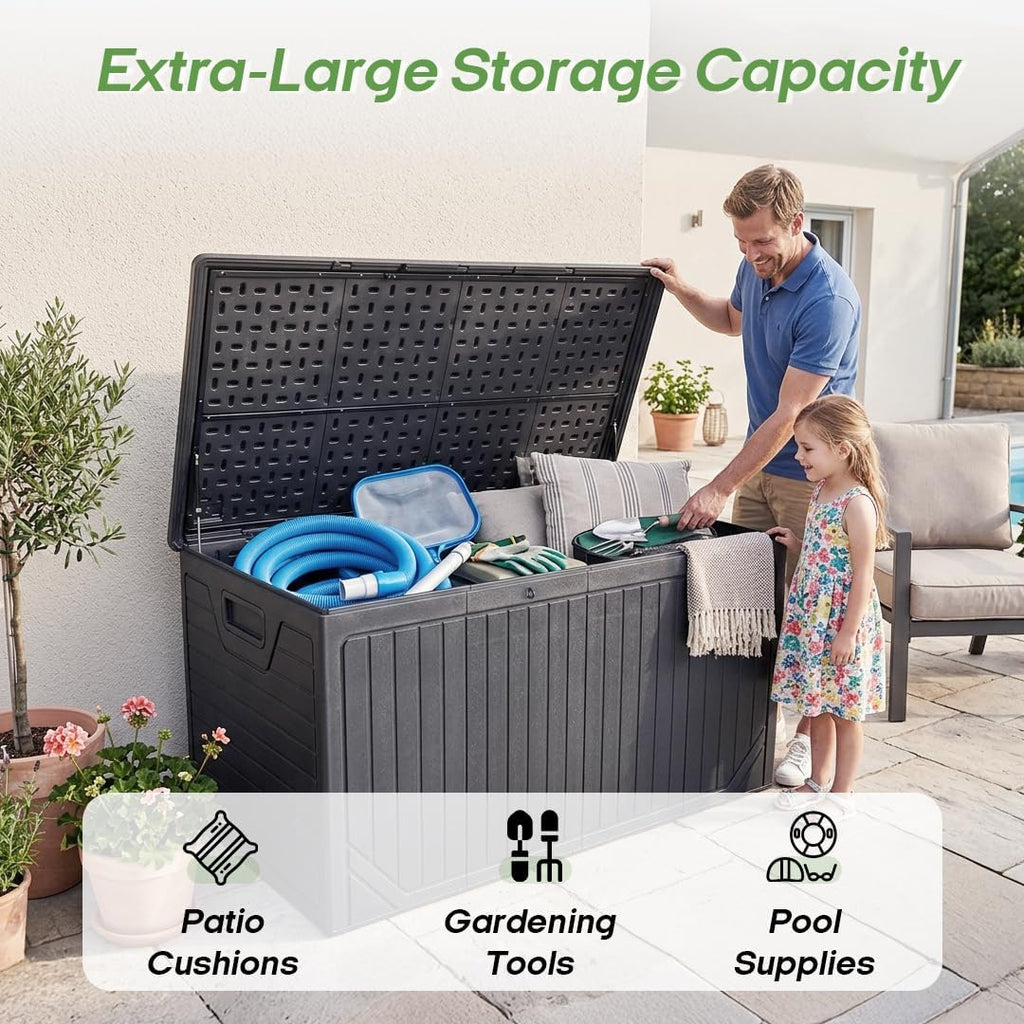 300 Gallon Outdoor Storage Deck Box, Extra Large Waterproof Resin Storage Box for Patio Cushions, Garden Tools, Pool Supplies, Outdoor Furniture Accessories, Black