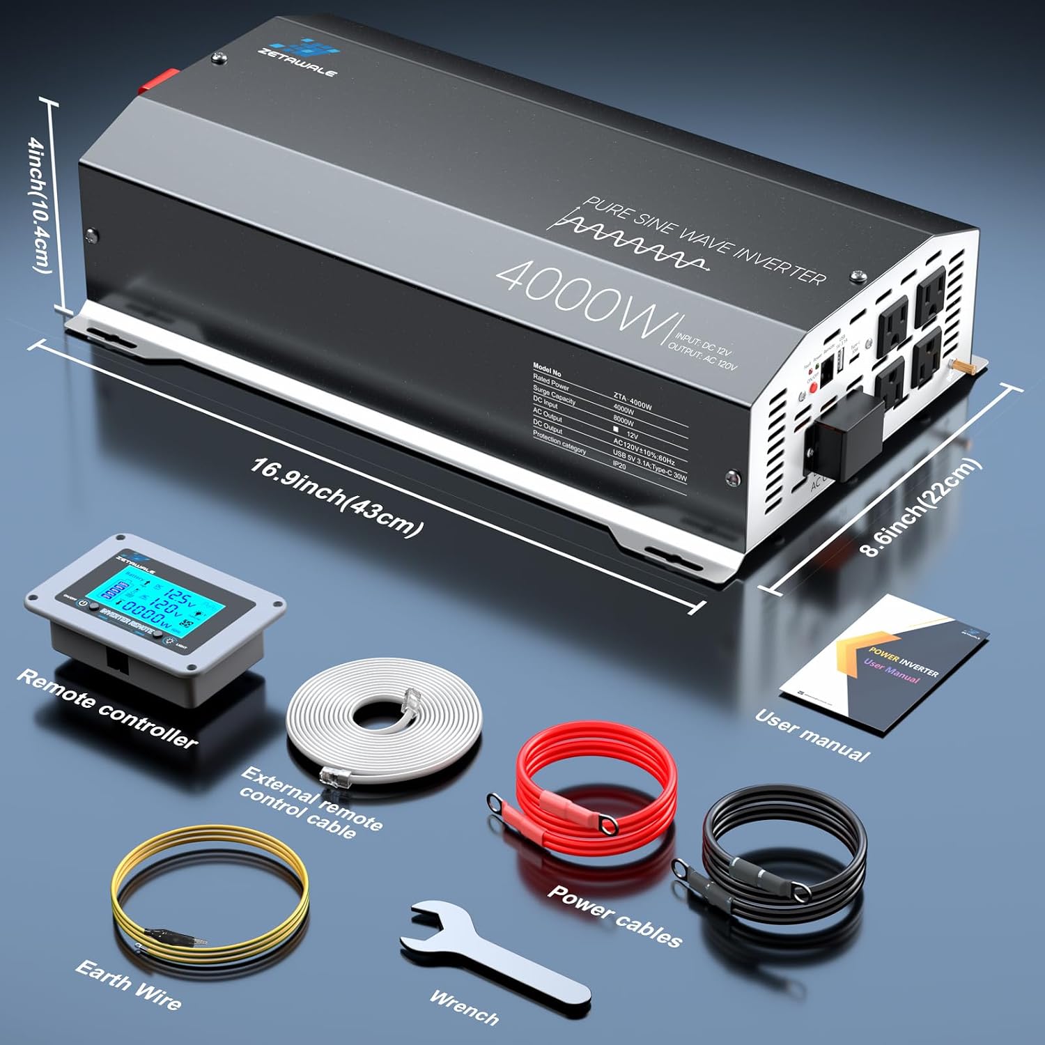 4000W Pure Sine Wave Inverter 12V DC to 110V/120V AC Converter, 8000W Peak, LCD Remote Control, 4 AC Outlets, USB & Type-C – Heavy Duty for RV, Truck, Off-Grid Solar, Home Emergency Power