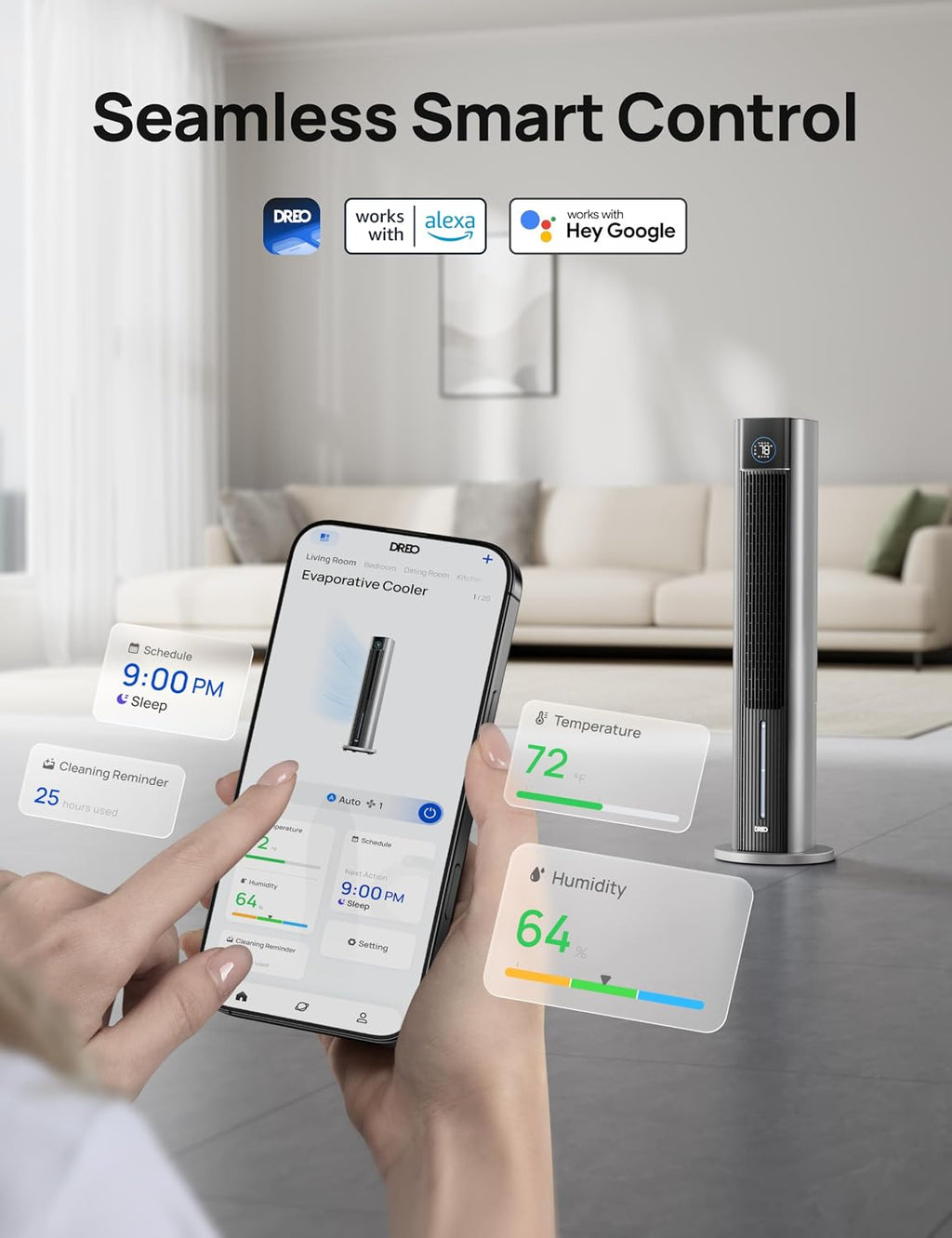 DREO Portable Air Conditiioner, 43' Cooling Fans That Blow Cold Air 2025 Upgraded, Evaporative Air Cooler, Quiet 85° Oscillating Fan, Easy Cleaning, APP Control, 4 Modes & 4 Speeds, 12H Timer, Silver
