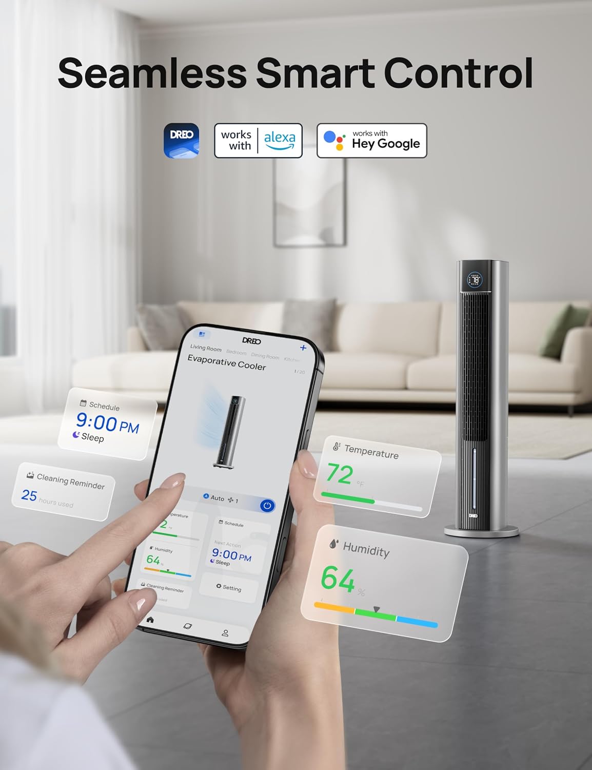 DREO Portable Air Conditiioner, 43' Cooling Fans That Blow Cold Air 2025 Upgraded, Evaporative Air Cooler, Quiet 85° Oscillating Fan, Easy Cleaning, APP Control, 4 Modes & 4 Speeds, 12H Timer, Silver
