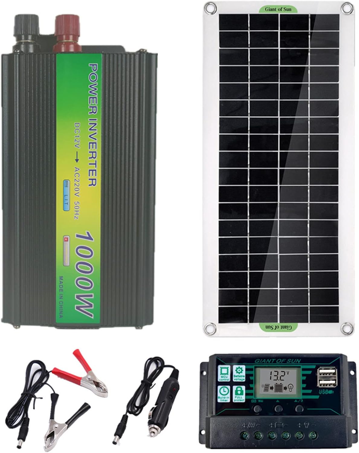 30W Monocrystalline Solar Panel Kit with 100A Solar Charge Controller, 1000W Inverter, Alligator Clip Wire, for Car, RV, Boat, Roof, Camping