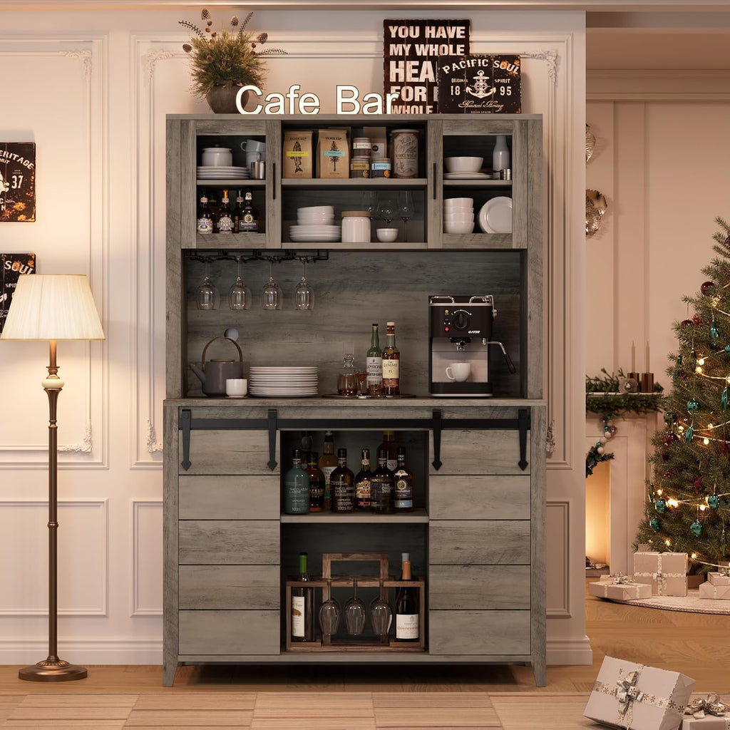 IDEALHOUSE 70'' Wine Coffee Bar Cabinet with Storage Hutch, Tall Kitchen Pantry Liquor Cabinet with Sliding Barn Doors, Bottle Glasses Rack, Farmhouse Buffet for Home Dining Room, Gray