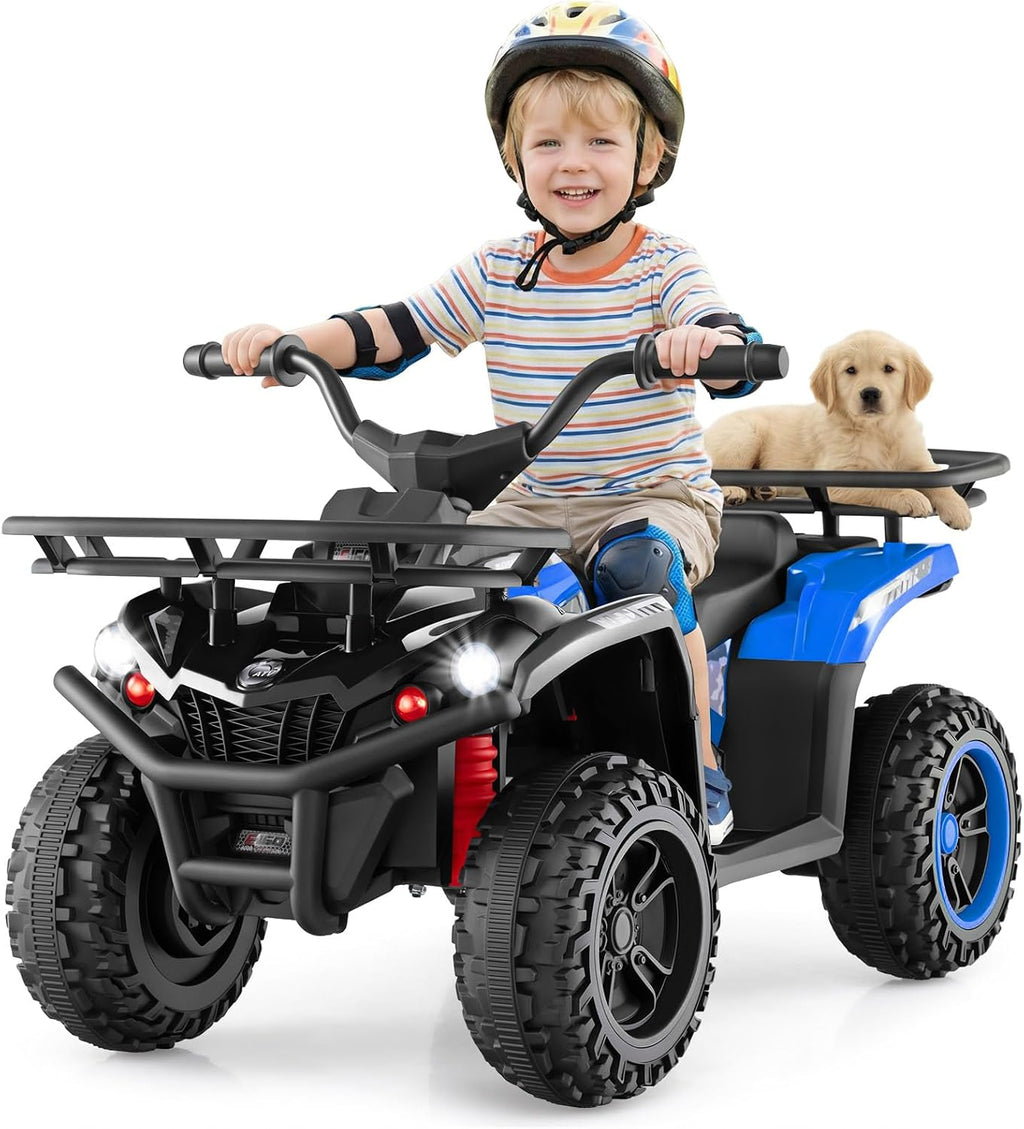 OLAKIDS 12V Kids ATV Quad with 2 Speeds, Spring Suspension, LED Lights, Music & Story Player, Big Tires, 2 Storage Spaces, Ride On Car for Boys Girls Ages 3+(12V, Blue)