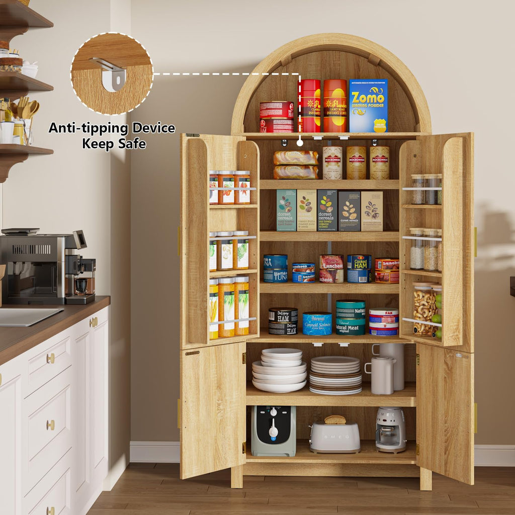 Arched Cabinet, 71' Tall Arched Kitchen Pantry Storage Cabinet with Doors, Modern Fluted Kitchen Storage Cabinet with Adjustable Shelves, Natural Cupboard for Kitchen, Dining Room, Bathroom