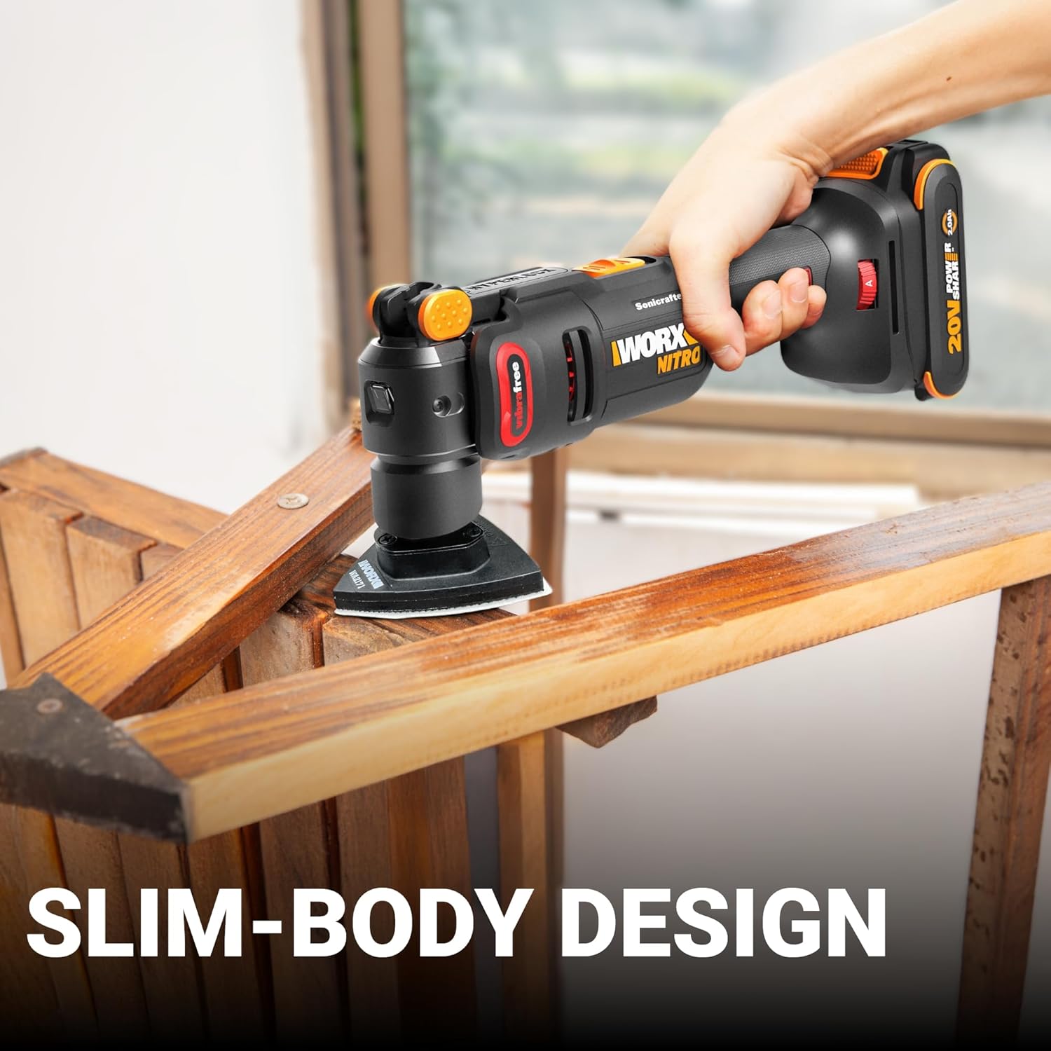 Worx Nitro 20V Cordless Oscillating Multi Tool with 5° Oscillation Angle, VibraFree Technology, Slim-body Design, 2.0 Ah Battery and Charger Included, 23 Pieces Accessories with Carrying Bag, WX698L