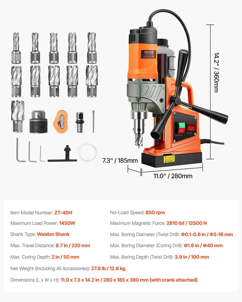 VEVOR Mag Drill Press, 1300W 1.57' Boring Diameter, 2922lbf Power Portable Magnetic Drill, 810 PRM, 11Pcs Drill Bits Electric Drilling Machine for Metal Surface, Industrial and Home Improvement