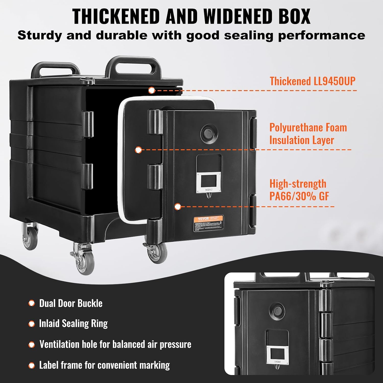 VEVOR Insulated Food Pan Carrier, 81 Qt Hot Box for Catering, Food Box Carrier with Double Buckles, Front Loading Food Warmer with Handles, Stackable End Loader with Wheels for Restaurant, Canteen