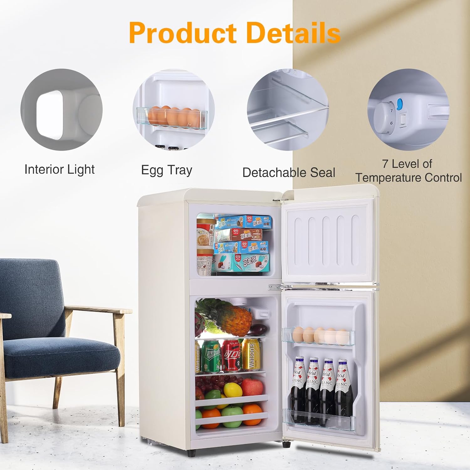 Anukis Mini Fridge with Freezer 3.2 Cu Ft 2 Door Compact Refrigerator for Apartment, Dorm, Office, Family, Basement, Garage - Retro Cream