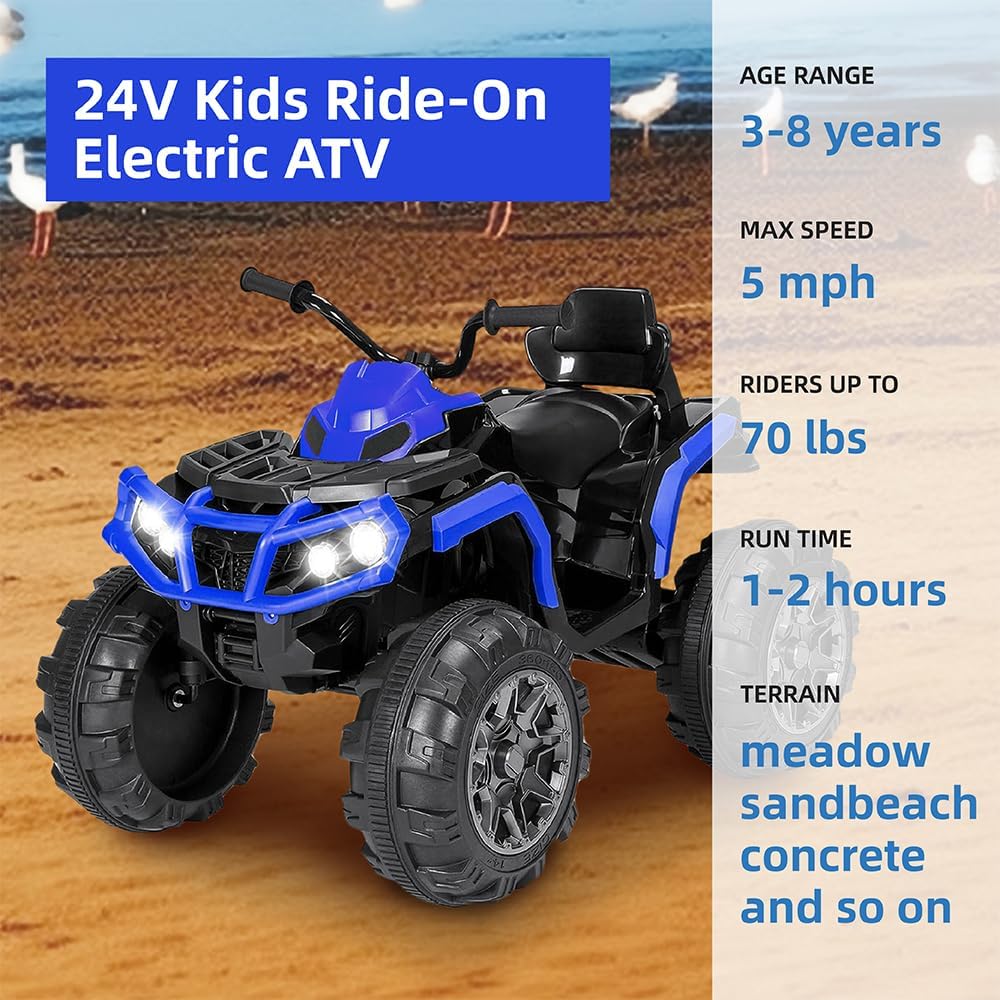 TCARAIWEN 24V Kids Ride on ATV 4 Wheelers for 3-5 Years Old with Music Player, Kids Ride on Cars, Blue