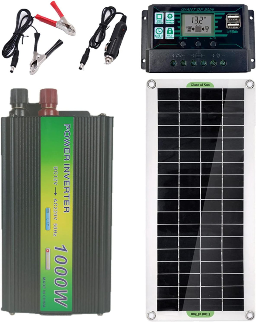 30W Monocrystalline Solar Panel Kit with Alligator Clip Wire, 100A Solar Charge Controller and 1000W Inverter, for Roof, Camping, Car, RV, Boat