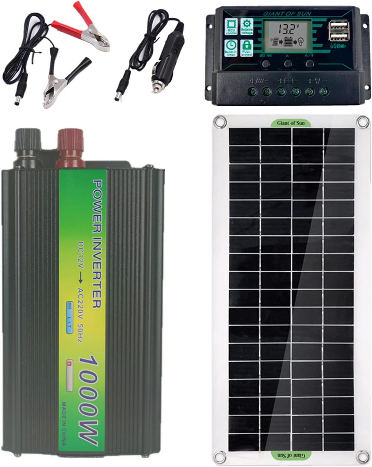 30W Monocrystalline Solar Panel Kit with Alligator Clip Wire, 100A Solar Charge Controller and 1000W Inverter, for Roof, Camping, Car, RV, Boat