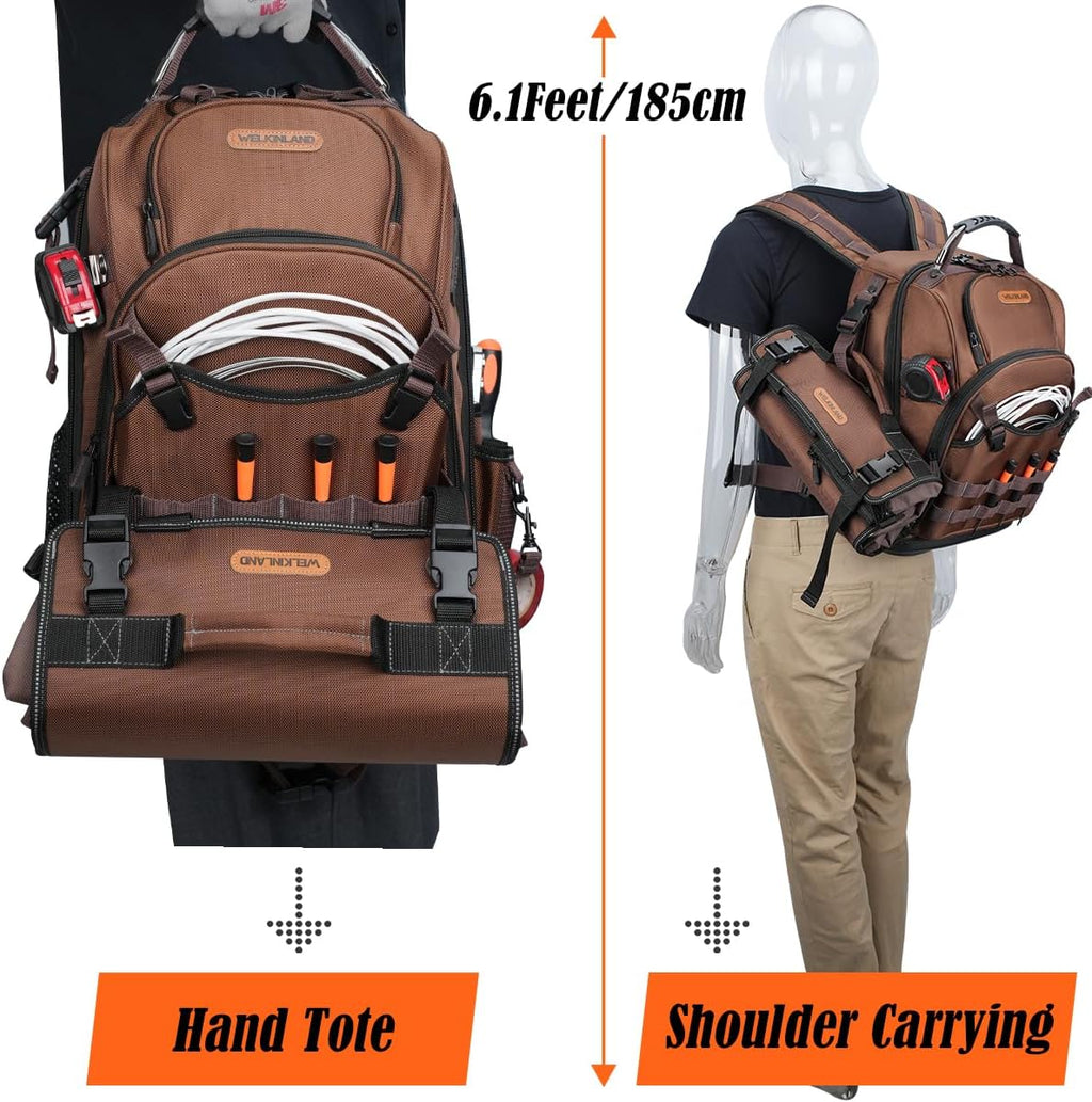 WELKINLAND 70Pockets HVAC Tool Backpack With Tool Roll, 4-Piece Electrical Backpack With Tools Roll Bags, Hard Bottom Electrician Back Pack, Tools Back Pack For Men Heavy Duty