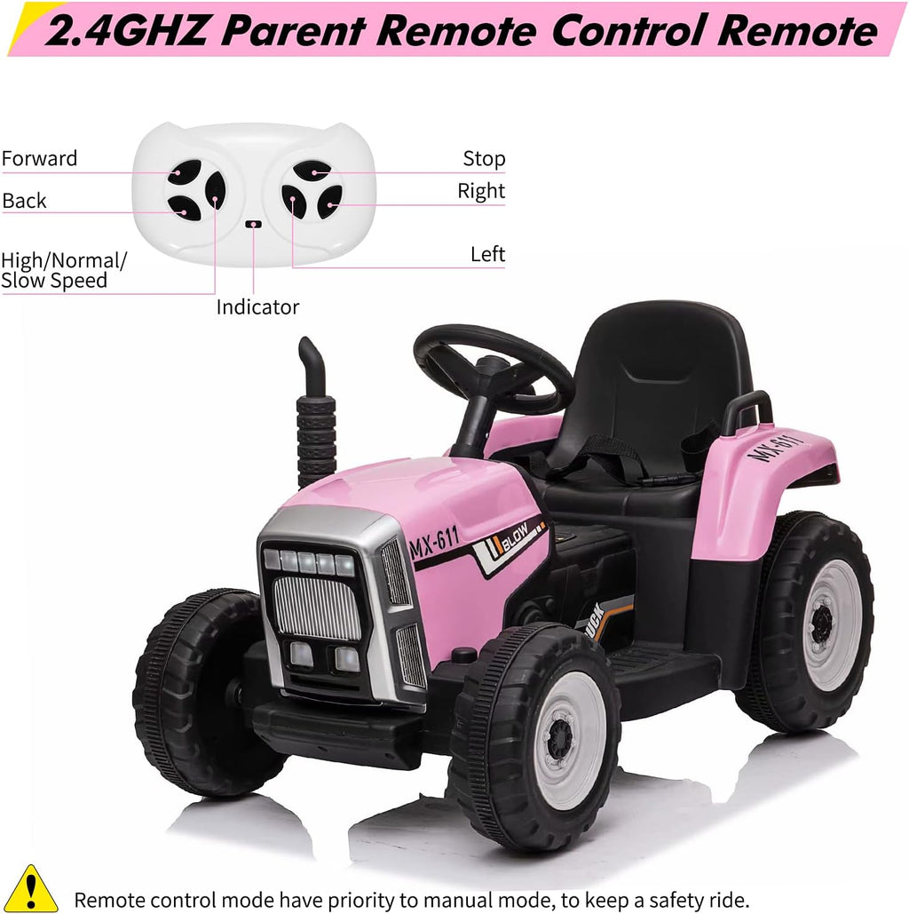 12V Kids Ride On Tractor with Trailer & Remote Control, Toddler Battery Powered Electric Vehicle, Slow Start 7LED Headlights USB Music Player 2+1 Gear Shift, Pink, 35W/ EVA Tire