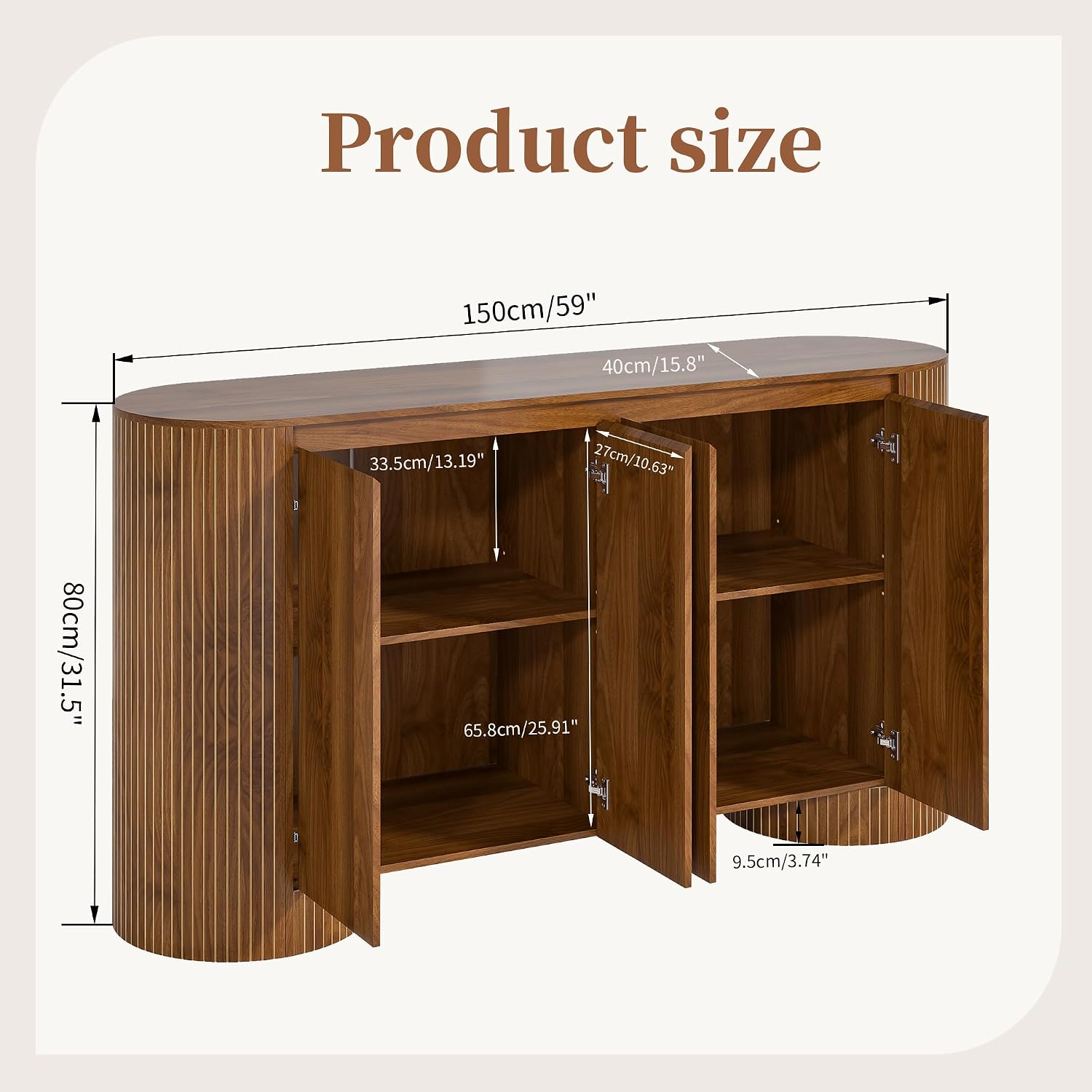 Sideboard Buffet Cabinet with Storage, 60' Modern Credenza Storage Cabinet with 4 Doors and Adjustable Shelves, Large Oval Buffet Table for Kitchen, Living Room (Walnut)