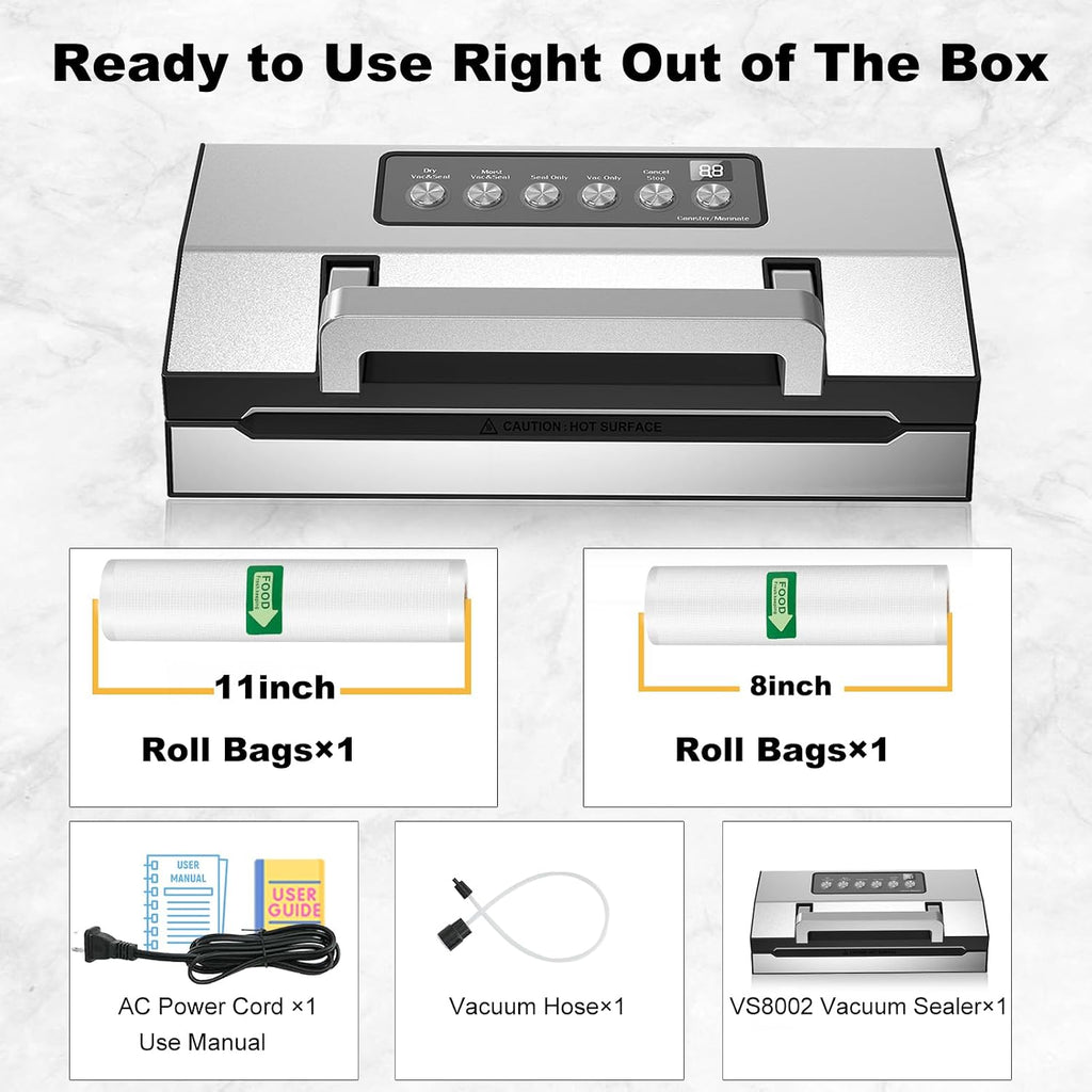 Upgraded Dry & Moist Food Modes Food Vacuum Sealer, Commercial-Grade Vacuum Sealer Machine, Dual-Seal Technology, One-Touch Operation & Built-In Bag Storage & Cutter, Includes 2 Rolls & Accessory Hose