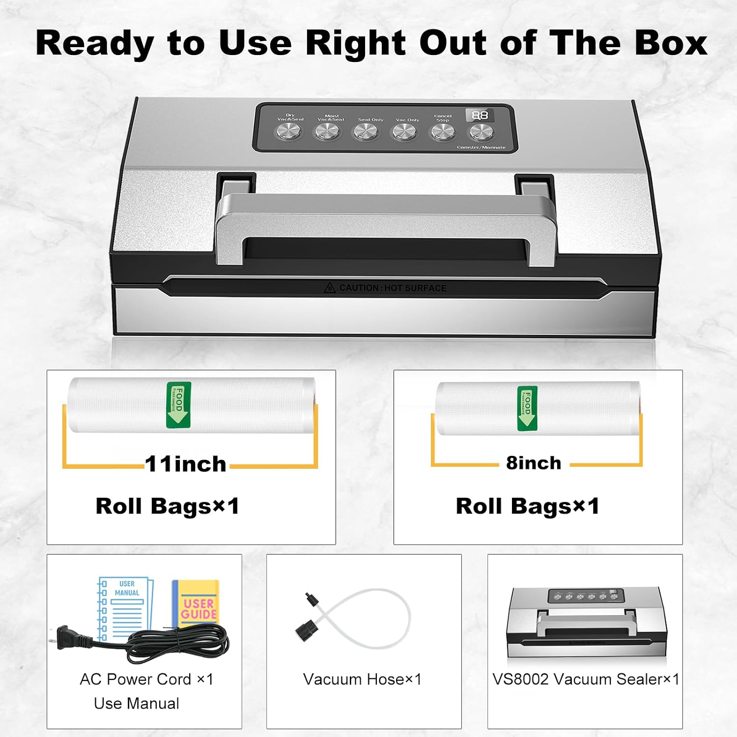 Upgraded Dry & Moist Food Modes Food Vacuum Sealer, Commercial-Grade Vacuum Sealer Machine, Dual-Seal Technology, One-Touch Operation & Built-In Bag Storage & Cutter, Includes 2 Rolls & Accessory Hose