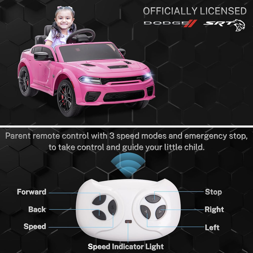 ENYOPRO 12V Dodge Charger SRT Kids Ride On Car w/Parent Remote Control, Electric Power Car Ride On Toy w/4-Wheel Suspension, 3 Speeds, LED Lights, Music Player, Battery Car Gift for Kids Girls, Pink
