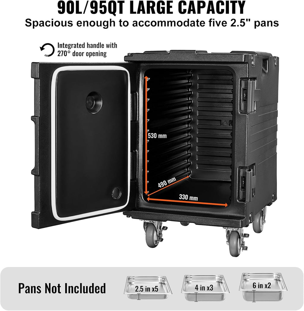 VEVOR Insulated Food Pan Carrier, 95 Qt Hot Box for Catering, LLDPE Food Box Carrier w/One-Piece Buckle, Front Loading Food Warmer w/Handles, End Loader w/Wheels for Restaurant, Canteen, etc. Black
