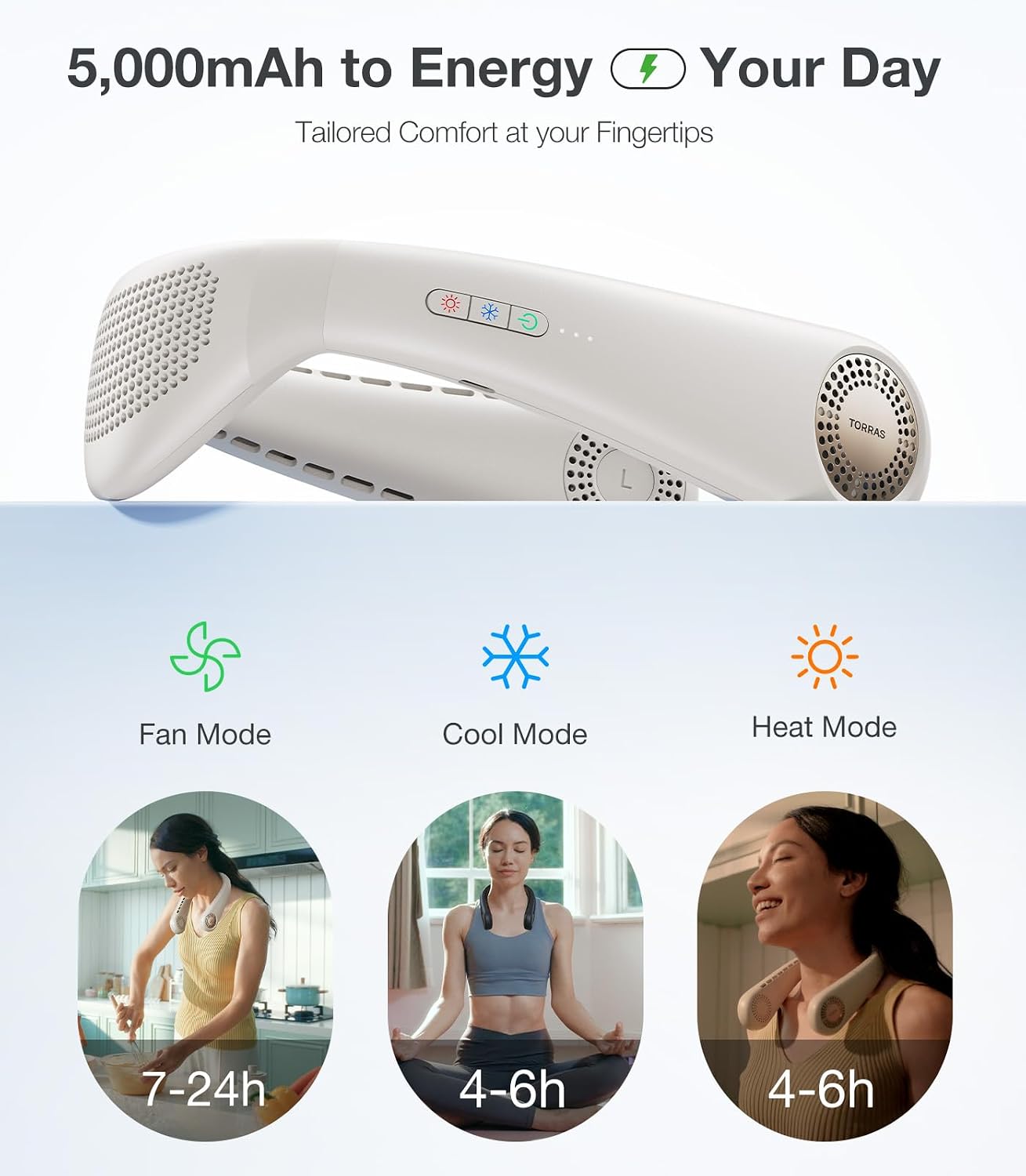 TORRAS COOLiFY Air Neck Air Conditioner, Ultra-Light Portable Neck Fan Rechargeable, Personal Cooling Device Neck Fans with 3 Modes Fan/Cooler/Heat, White