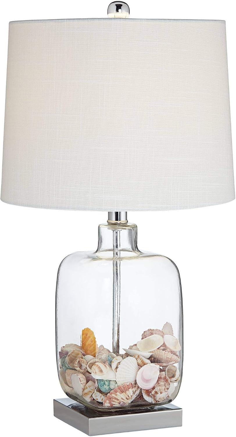 360 Lighting Coastal Country Style Accent 3-Way Table Lamp with Table Top Dimmer 21.75' High Clear Glass White Fabric Drum Shade for Living Room Bedroom House Bedside Nightstand Home Office Family
