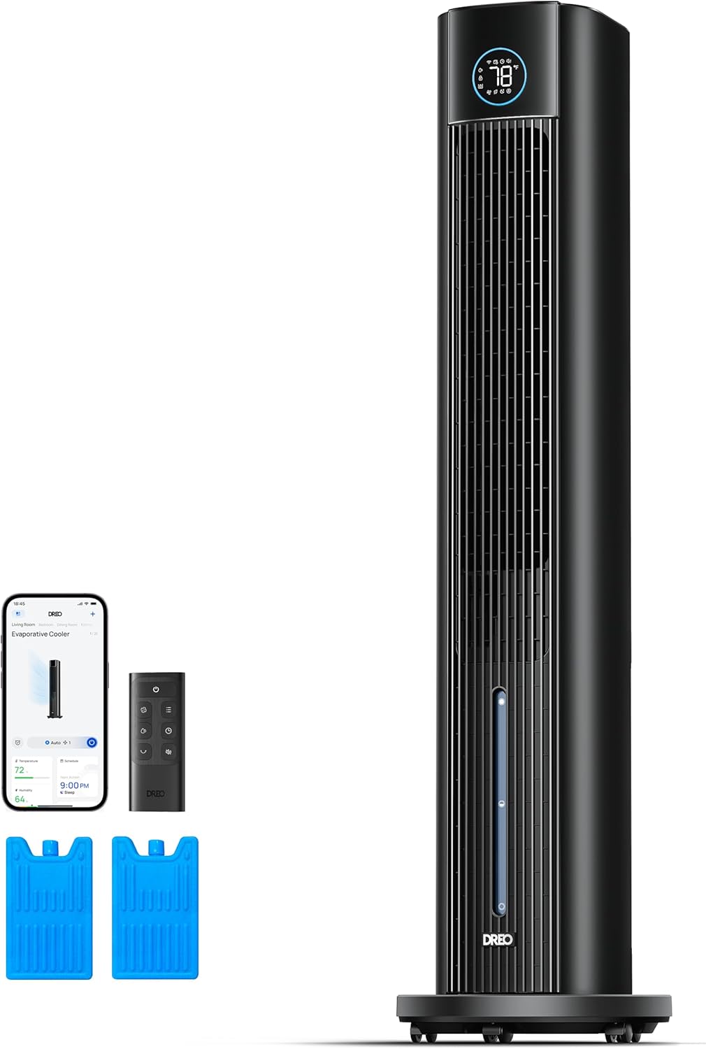 DREO Evaporative Air Swamp Cooler, 43' Cooling Fans that Blow Cold Air 2025 Upgraded, 85° Oscillating Floor Fan for Bedroom, Easy Cleaning, APP Control, Ice Packs, 4 Speeds & 4 Modes, 12H Timer, Black
