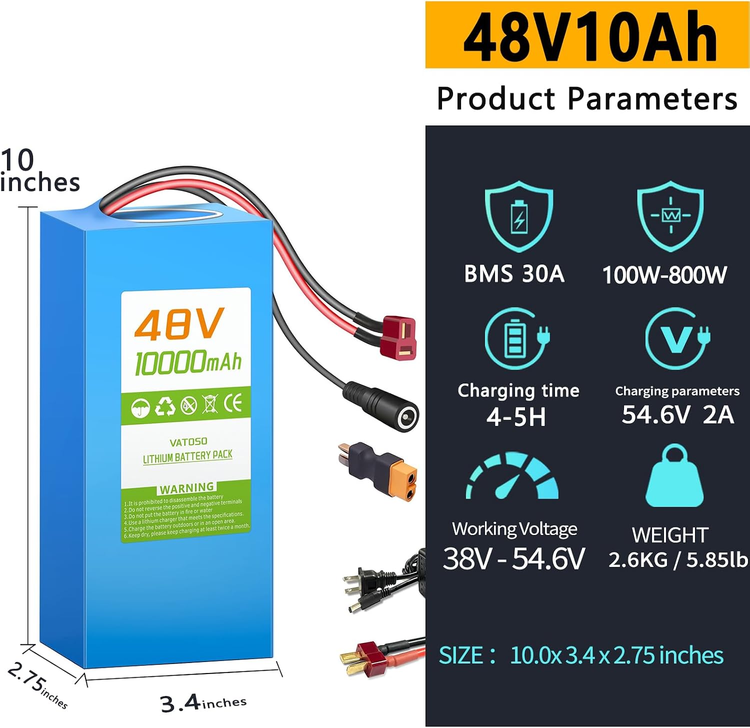 48V10Ah Lithium Ebike Battery with 30A BMS, for 100W-1000W Motors, Electric Bikes, Scooters, ATVs, Electric Dirt Bikes
