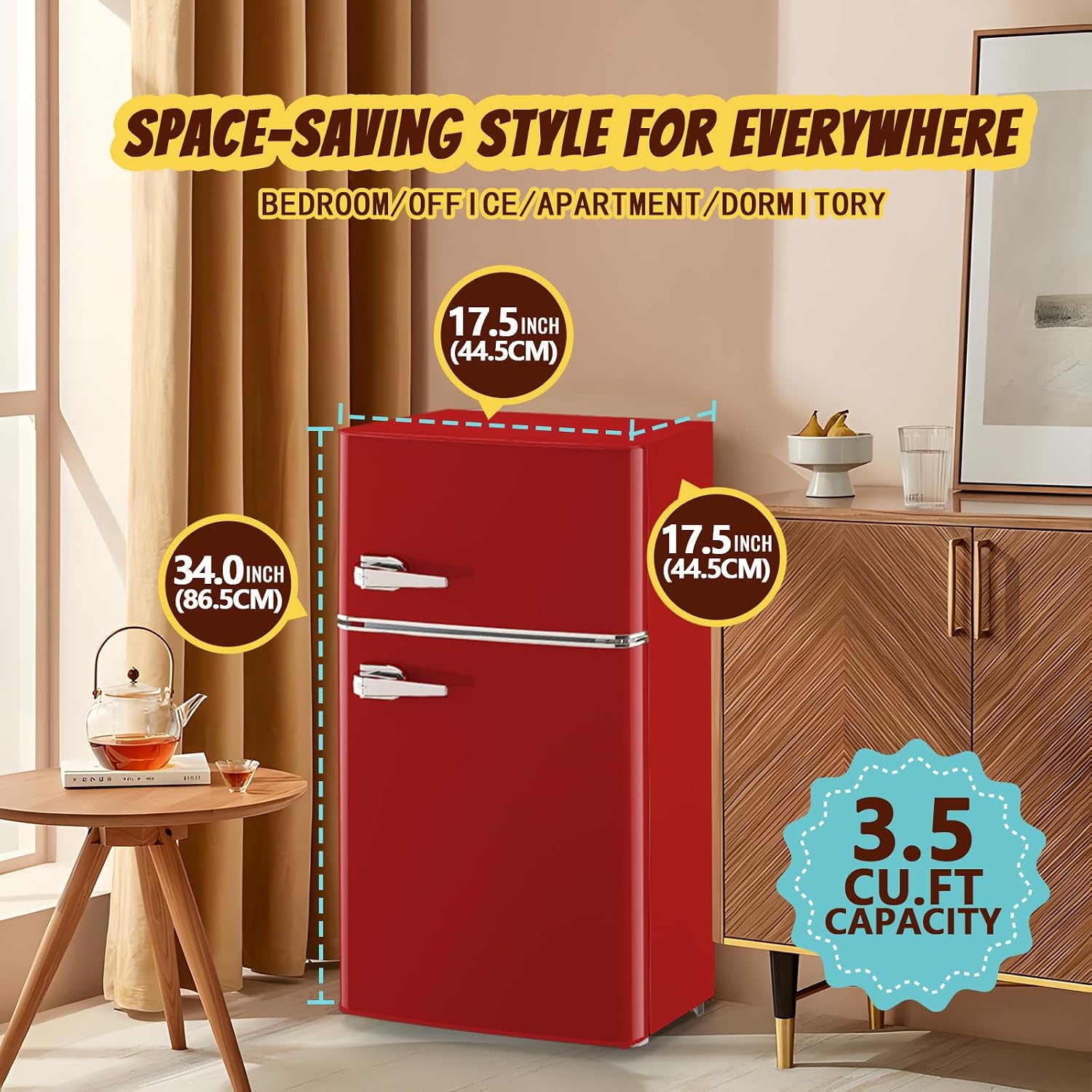 Small Fridge with Freezer Mini Refrigerator Double door Removable Glass Shelves 7 Temp Gear Detachable Handle Red