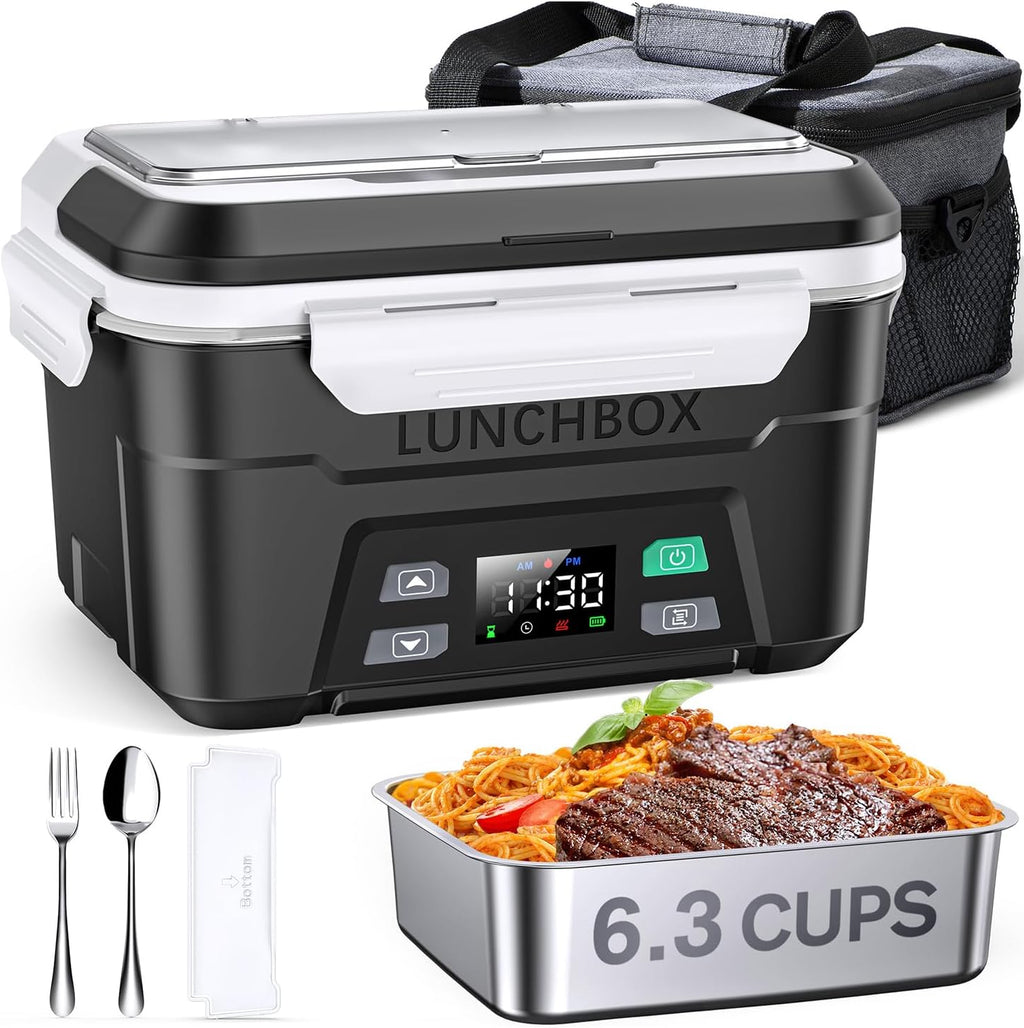 EAST OAK XL 6.3 Cups Cordless Electric Lunch Box for Adults, Heated Lunch Box Battery Powered with Automatic Heating, Portable Food Warmer with Removable Tray Divider