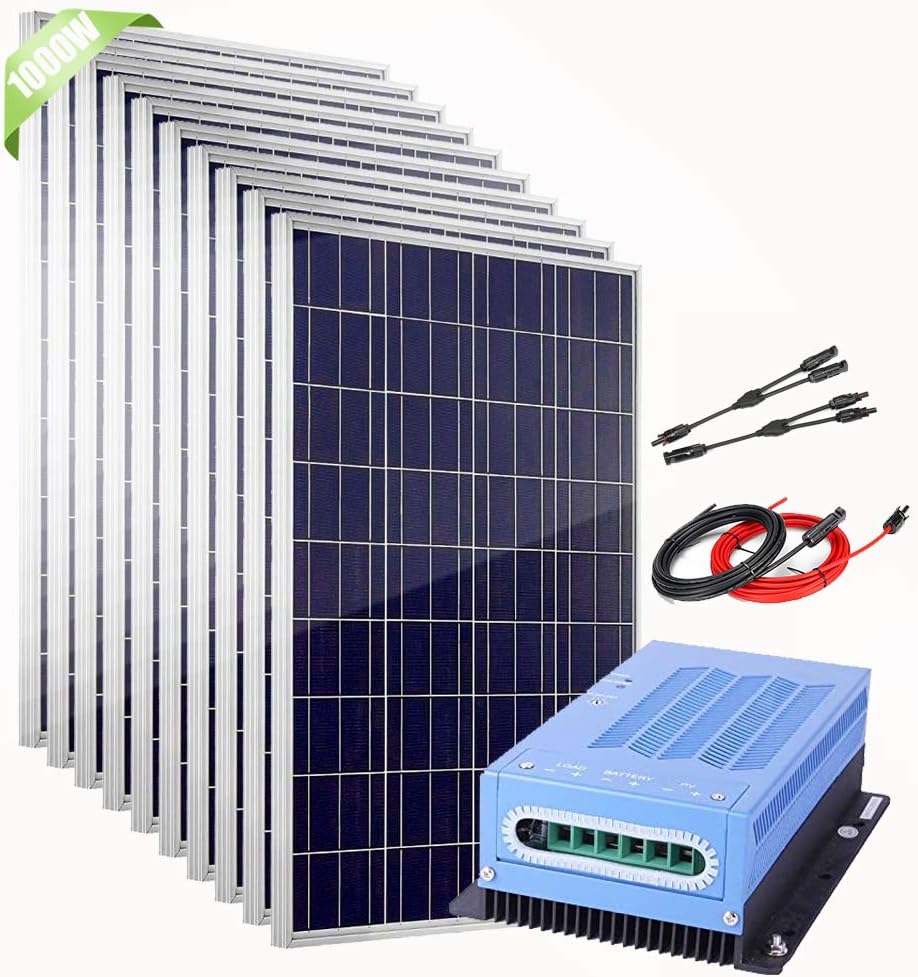 1000 Watt Solar Panel Kit for Cabin: 10pcs 100 Watt Polycrystalline PV Panel with 60A 12V 24V MPPT Charge Controller & Accessory