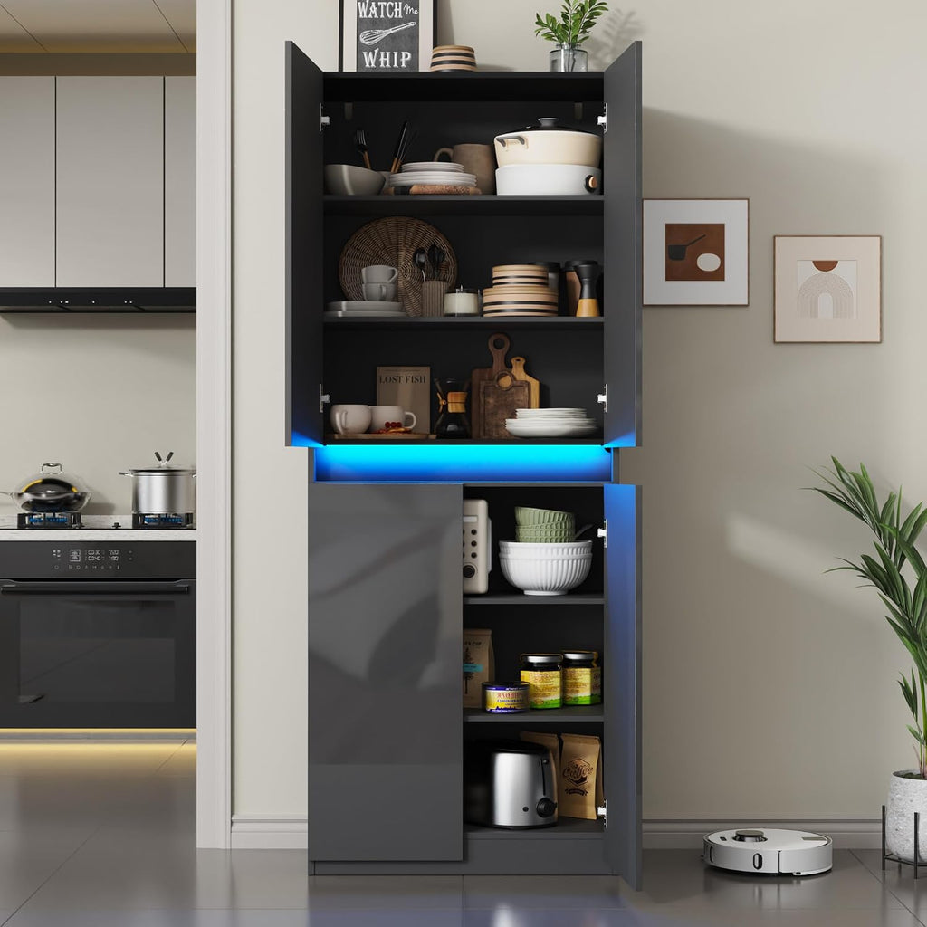 Furnify 71' Tall Pantry Storage Cabinet, Kitchen Pantry with High Gloss Doors, Modern Buffet Hutch Cabinet with Led Light and Adjustable Shelves for Dining Room, Living Room, Grey
