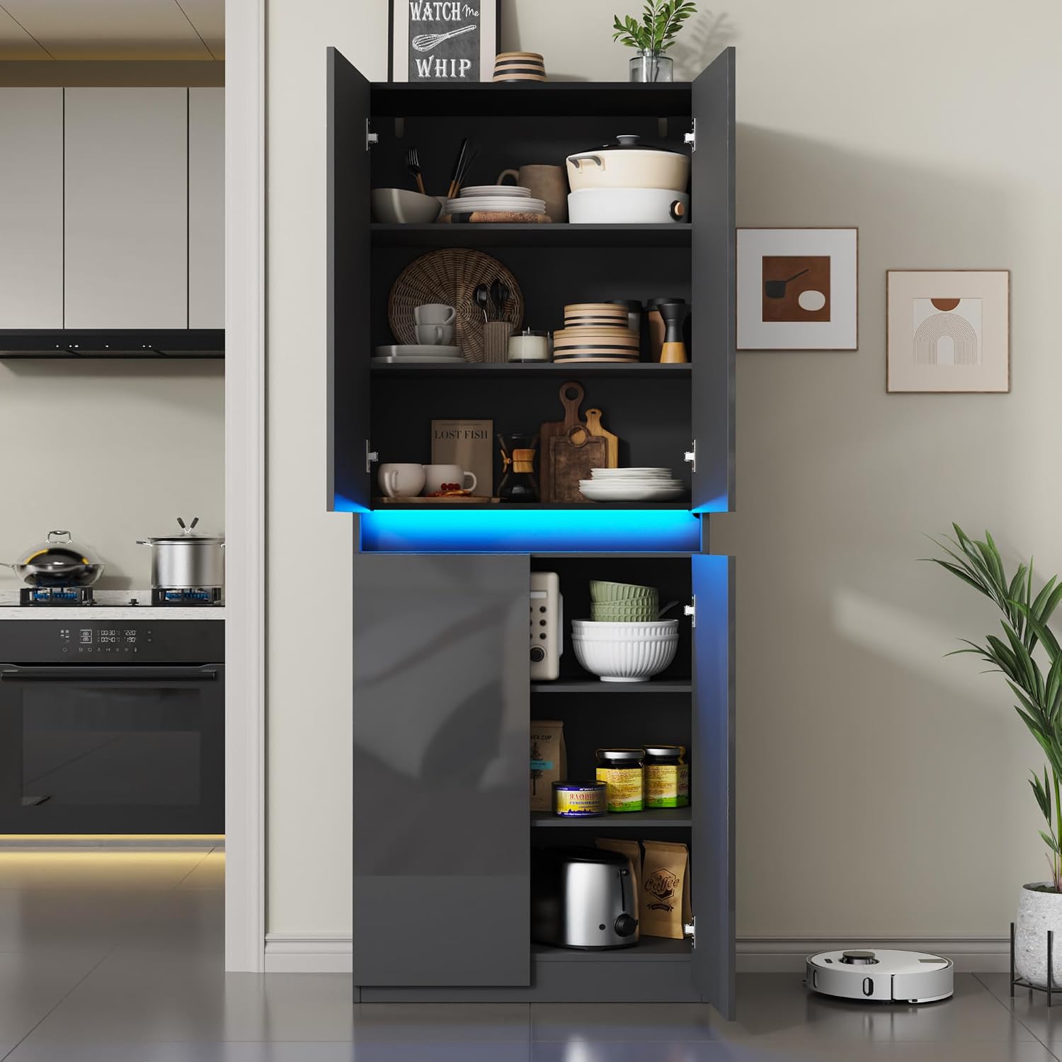 Furnify 71' Tall Pantry Storage Cabinet, Kitchen Pantry with High Gloss Doors, Modern Buffet Hutch Cabinet with Led Light and Adjustable Shelves for Dining Room, Living Room, Grey