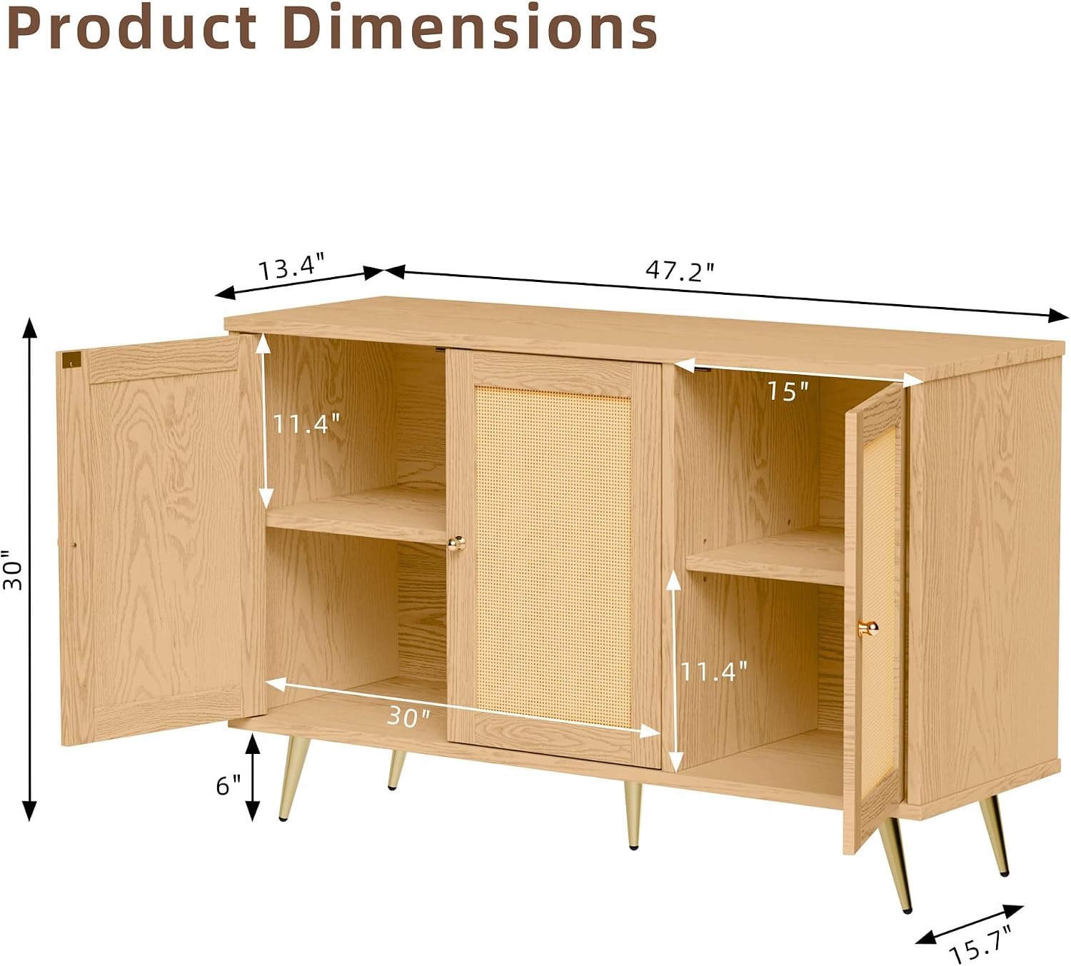 JAMFLY 47.2' Buffet Sideboard Cabinet with Storage, Kitchen Storage with 3 Rattan Decorated Doors, Accent Cabinet for Dining Room, Living Room, Entryway, Hallway, Natural