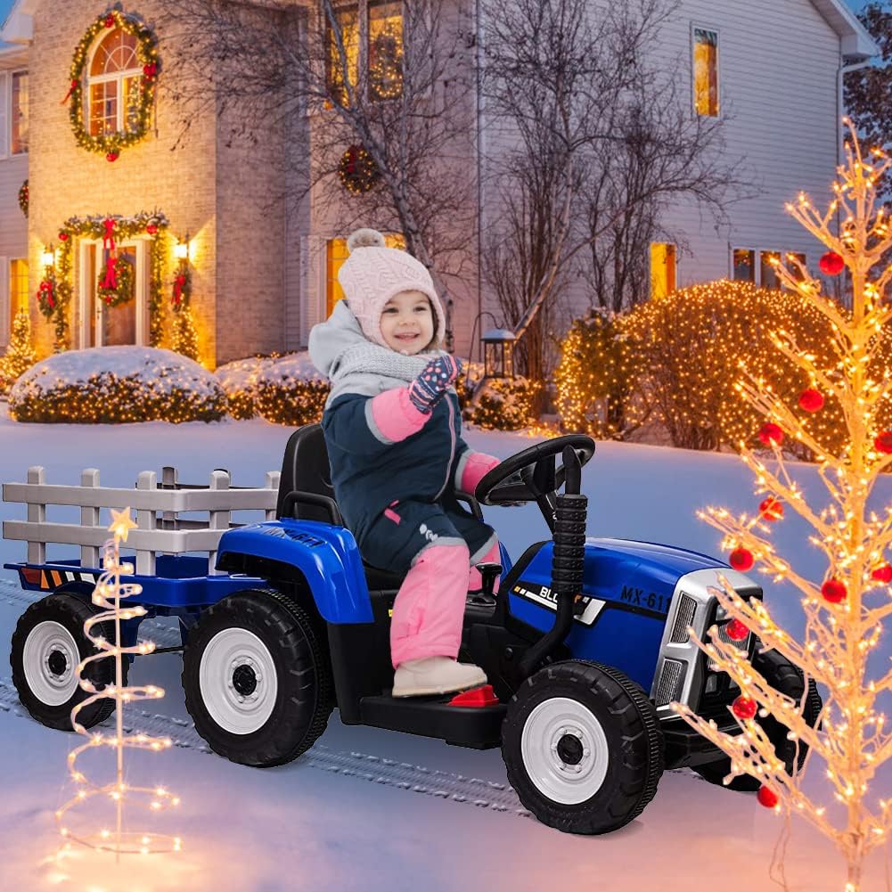 12V Kids Ride On Tractor with Trailer & Remote Control, Toddler Battery Powered Electric Car Slow Start 7LED Headlights USB Music Player 2+1 Gear Shift, Blue, 25W/Treaded Tires