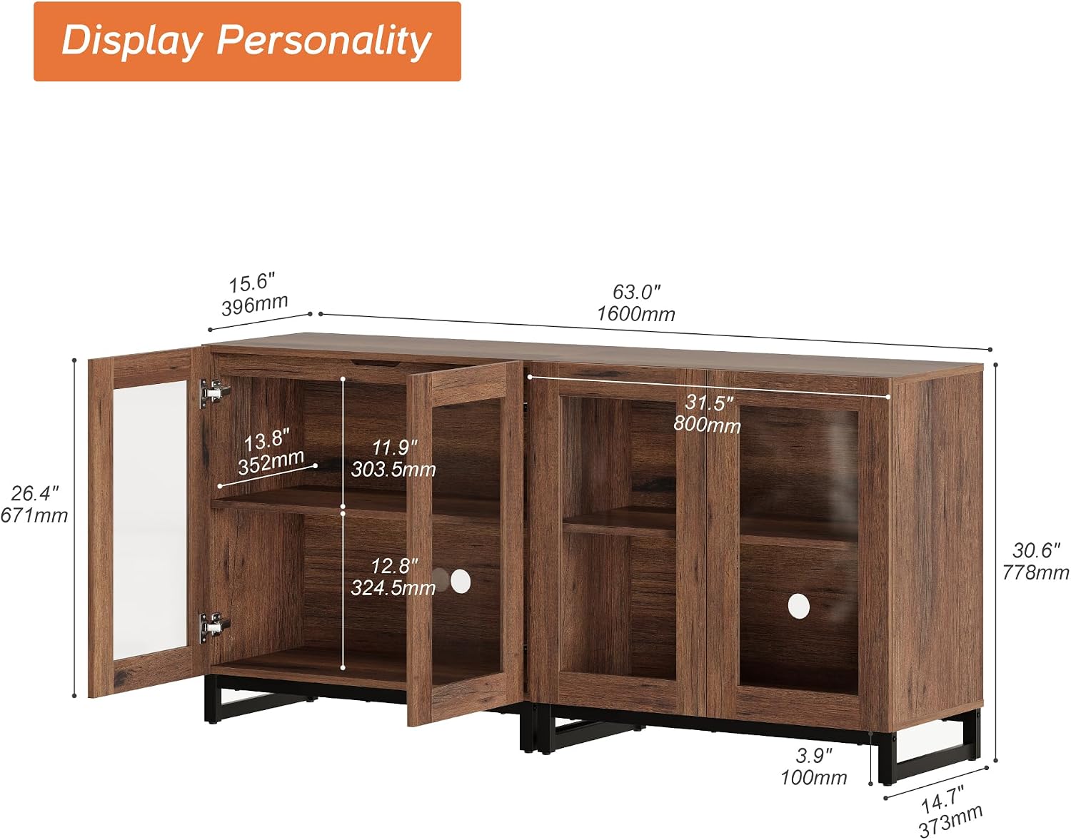 WAMPAT Sideboard Buffet Cabinets, Modern Credenza Sideboard with Adjustable Shelf and Metal Base, Coffee Bar Cabinet Accent Storage Cabinet for Living Room, Kitchen, Brown-A, 2 Pcs