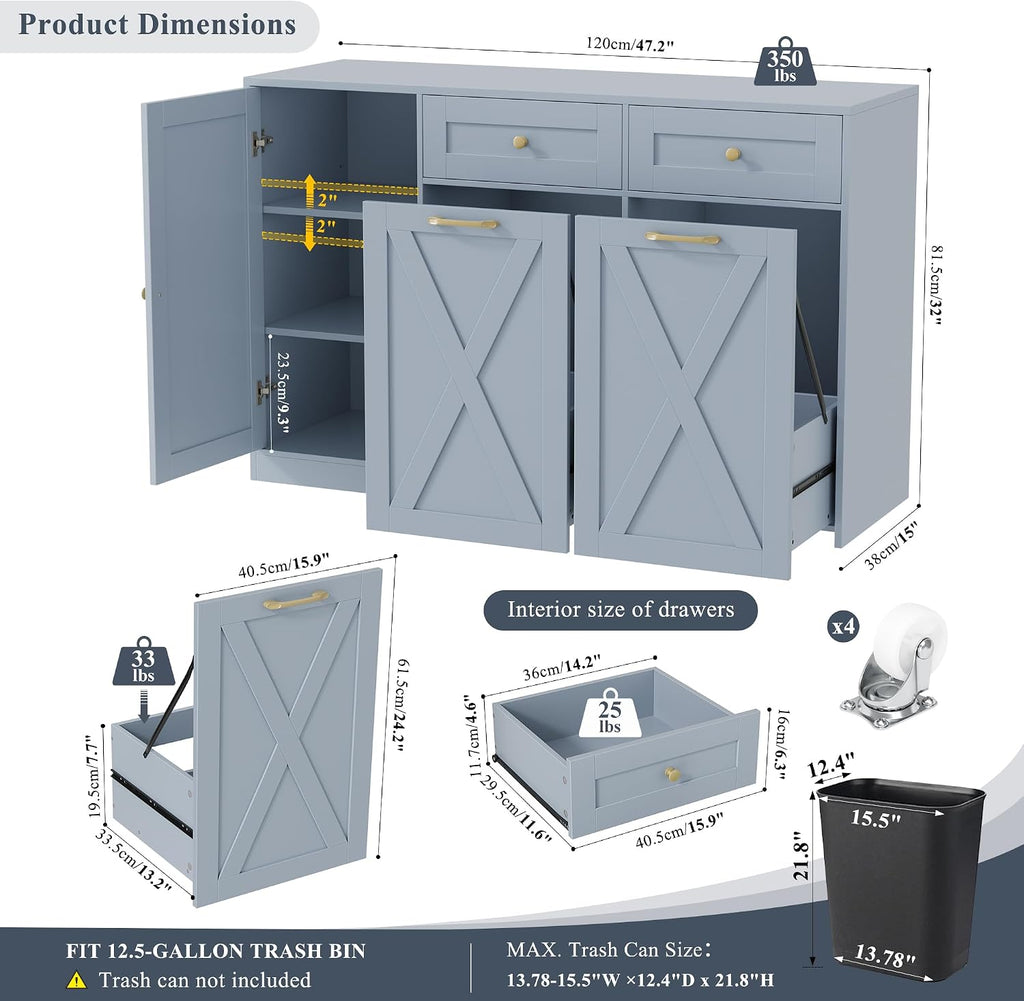 HOSTACK 12.5 Gallon Kitchen Trash Cabinet, 47' Double Trash Can Cabinet, Large Pull Out Can Storage Drawers, Wood Farmhouse Hidden Garbage Storage Buffet for Kitchen, Dining Room, Blue