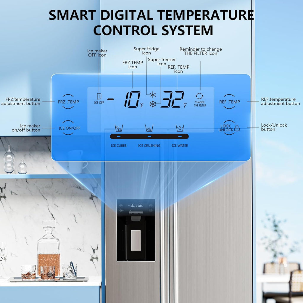 Antarctic Star French Door Refrigerator with Side Freezer, Nugget and Cube Ice Maker, Adjustable Thermostat, 20 Cu. Ft., Stainless Steel