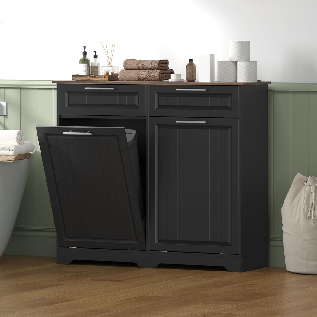 2 x 10 Gallon Double Tilt Out Trash Can Cabinet with Deodorizing Function & Charging Station, Hidden Laundry Hamper Cabinet with Storage Drawers, Garbage Can Holder for Kitchen, Bathroom, Black
